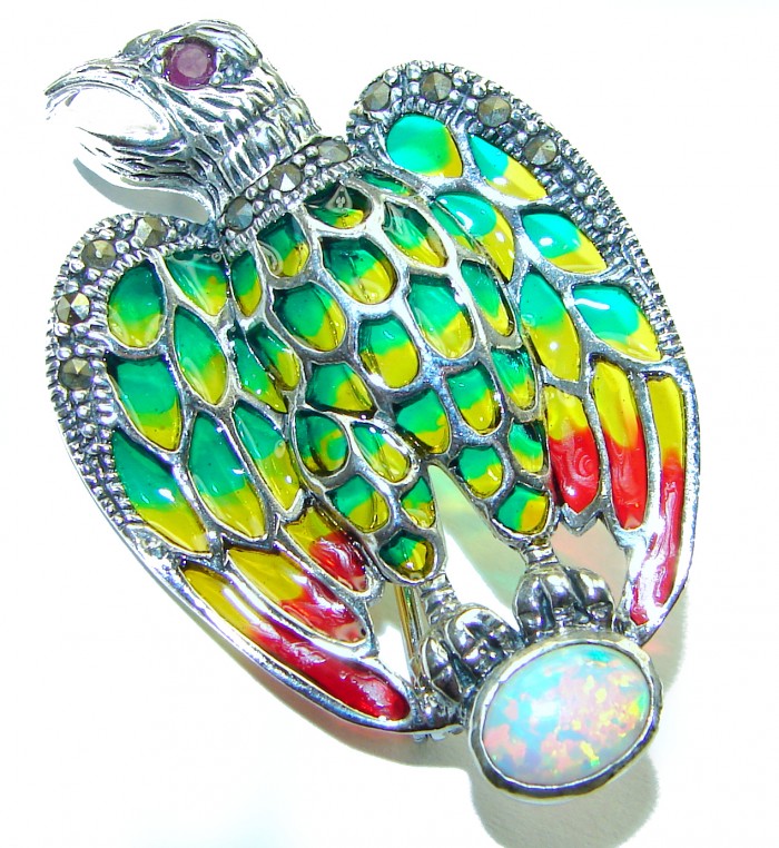 Natural Enamel Eagle .925 Sterling Silver Brooch Pendant - photo 1