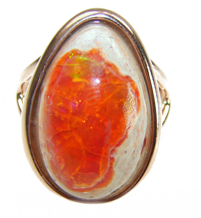 Bonfire Night best quality 12.5 carat Mexican Opal 18K Gold over .925 Sterling Silver handmade ring 8 - Close-up of Bonfire Night 12.5 carat Mexican Opal ring in 18K gold.