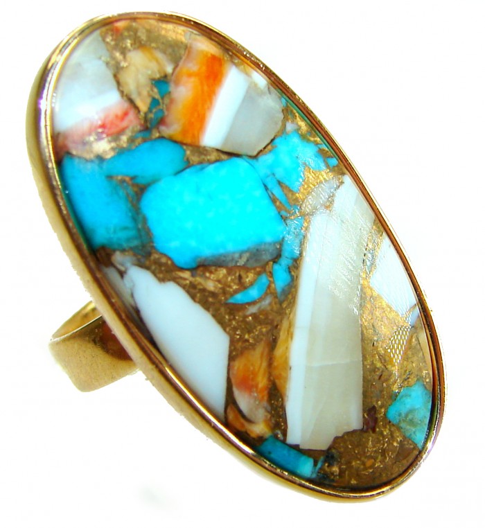 Rare 29.5 carat Oyster Turquoise 18K Gold over .925 Sterling Silver handcrafted Large ring; s. 7 adjustable - Close-up of rare 29.5 carat Oyster Turquoise stone in gold setting.