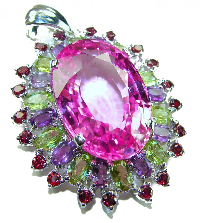 Royal Jewel - Large - Posh rose - 33.5 CARAT Pink Sapphire .925 Sterling Silver handmade Pendant - Close-up of Royal Jewel pendant with pink sapphire and colorful gems