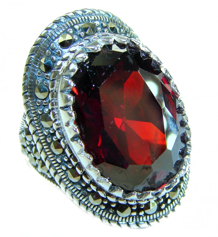 Crimson Fire Natural 29.4 carat Garnet Marcasite .925 Sterling Silver handmade Large Statement Ring size 7 - Close-up of Crimson Fire Garnet ring with marcasite detail.