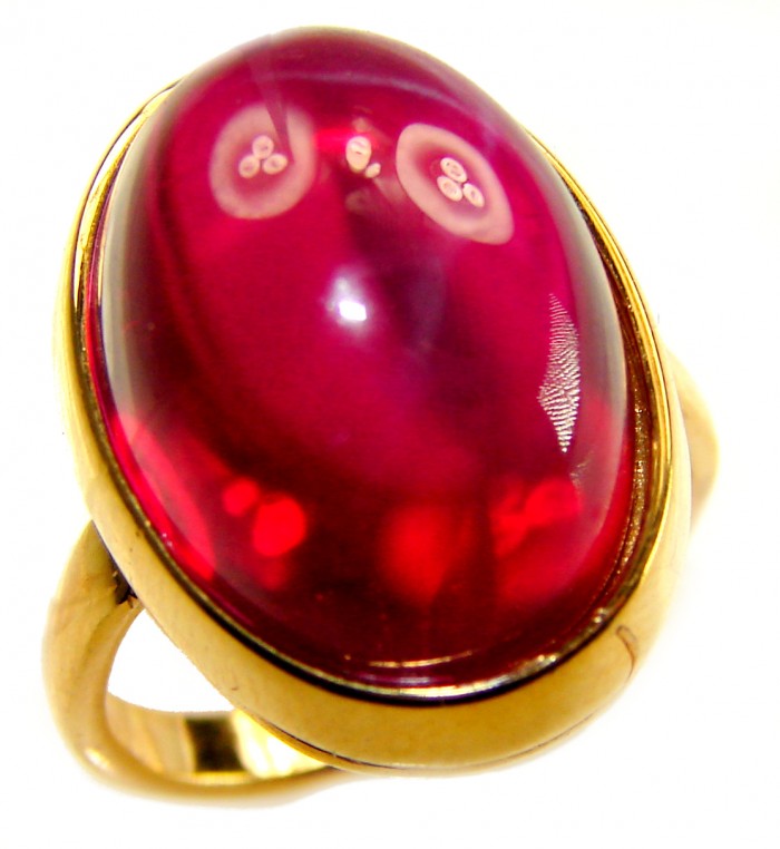 Bella Rosa Genuine 27.8 CARAT Ruby .925 Sterling Silver dipped in 18K Gold Large Statement Ring size 6 1/4 - Close-up of Bella Rosa ruby ring in gold setting.