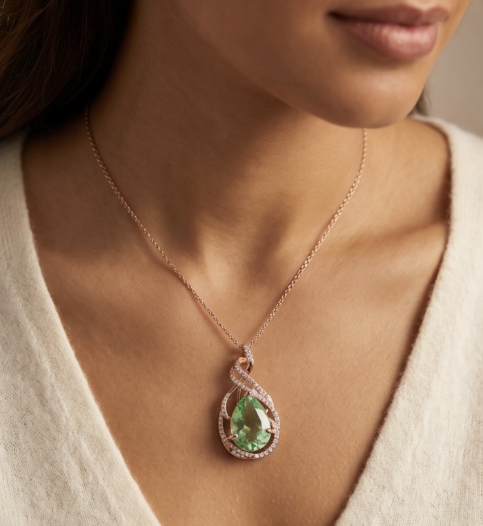 Royalty 12.9 carat authentic Himalayan Peridot 22K Gold over .925 Sterling Silver Handcrafted Statement pendant - Close-up of Royalty Peridot pendant necklace worn on a neckline.