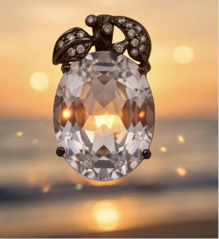 White Apple 22.2 carat White Topaz .925 Sterling Silver dipped in black Rhodium handmade Pendant - Close-up of White Apple 22.2 carat white topaz pendant in sunset light.