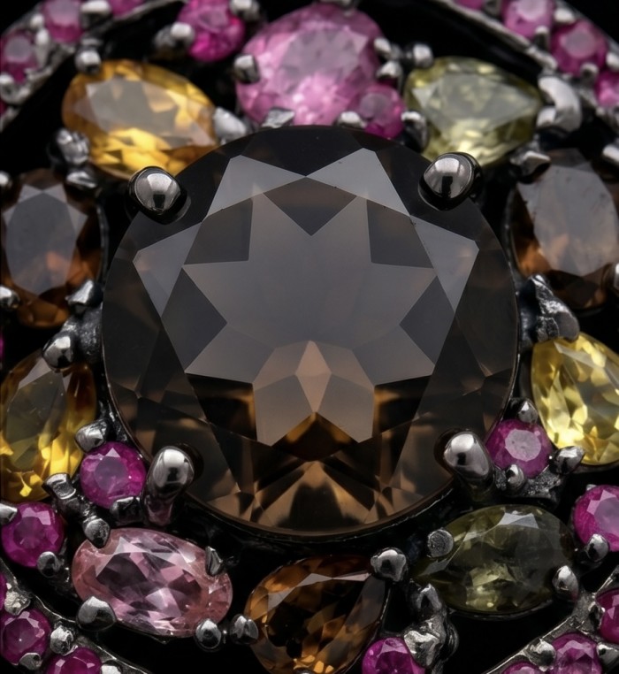 Authentic 22.5 carat carved Smoky Topaz black rhodium over .925 Sterling Silver handmade Statement Pendant - Close-up of carved Smoky Topaz with multicolored gemstones in black rhodium.