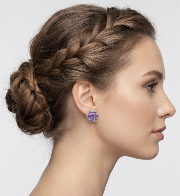 Lavender Beauty authentic 9.2 carat Amethyst .925 Sterling Silver dipped in rhodium handcrafted earrings - Side view of Lavender Beauty Amethyst earring worn.