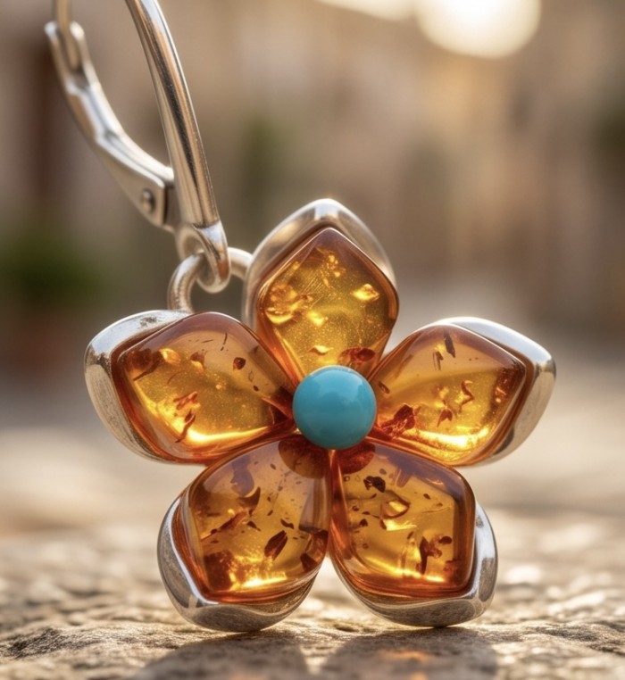 Golden Summer Flowers - authentic Baltic Amber Turquoise .925 Sterling Silver handcrafted earrings - Close-up of flower-shaped amber and turquoise pendant.