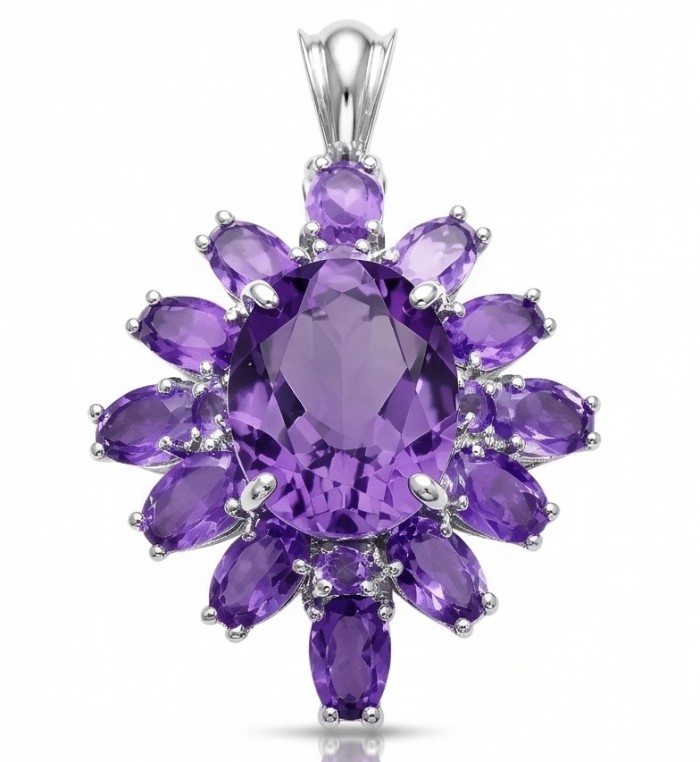 Authentic 12.5 carat Brazilian Amethyst rhodium over .925 Sterling Silver handcrafted Statement Pendant - Amethyst pendant front view with oval center stone and surrounding gems