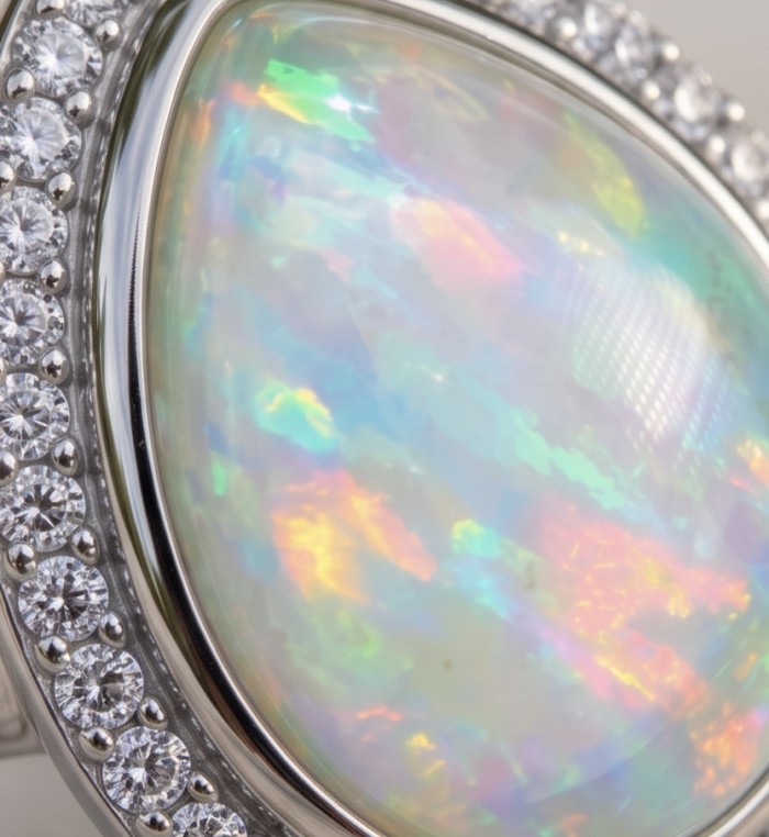 Endless Ocean Genuine 17.5 carat doublet Australian Opal .925 Sterling Silver handmade Ring size 6 - Stone close-up of Endless Ocean Australian Opal with diamond accents
