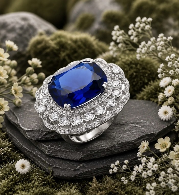 Precious Design oval cut 22.9 CARAT Tanzanite rhodium over .925 Sterling Silver Statement Ring s. 6 3/4 - Close-up of oval cut 22.9 carat tanzanite ring with diamond accents.