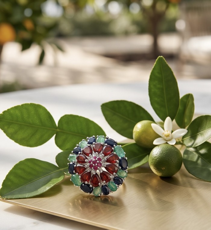 Giovanna 22.5 carat Emerald Ruby Sapphire rhodium over .925 Sterling Silver handcrafted ring size 8 1/2 - Close-up of multicolored gemstone ring with floral background.