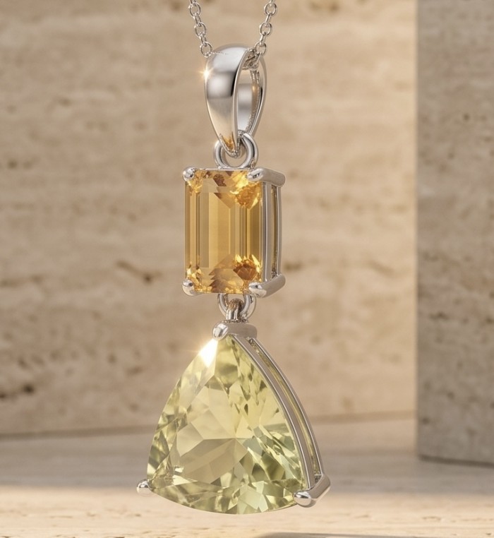 Wise Bliss Authentic 18.2 carat Brazilian Citrine .925 Sterling Silver handmade pendant - Close-up of Brazilian Citrine pendant necklace on display stand.