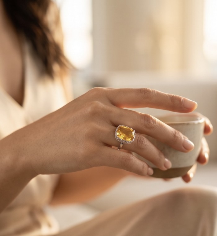 Vivien - Natural 22. 2 carat Citrine .925 Sterling Silver dipped rhodium handcrafted Statement ring; s. 8 - Citrine ring worn on hand while holding a cup