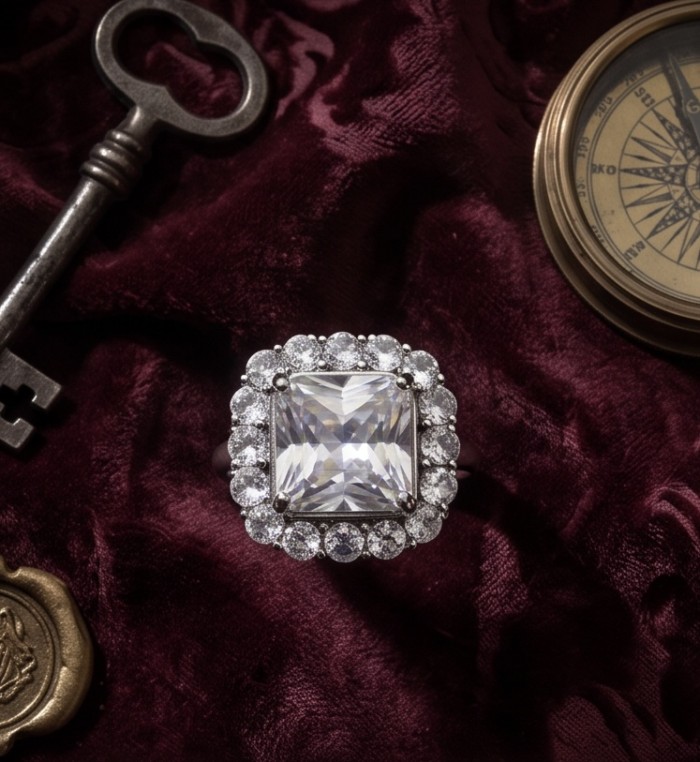 Princess cut 8.4 carat White Topaz rhodium over .925 Silver handcrafted Cocktail Ring s. 7 1/4 - White Topaz ring close-up with key and compass on velvet background