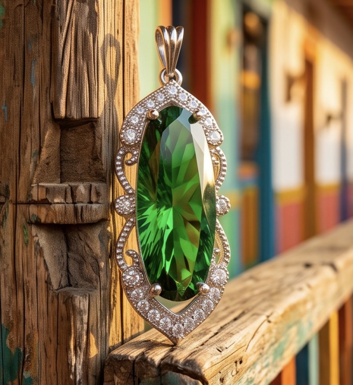 Spectacular Oval Cut 28.5 carat Natural Helenite .925 Sterling Silver handcrafted Pendant - Close-up of oval cut 28.5 carat Helenite pendant with diamond accents