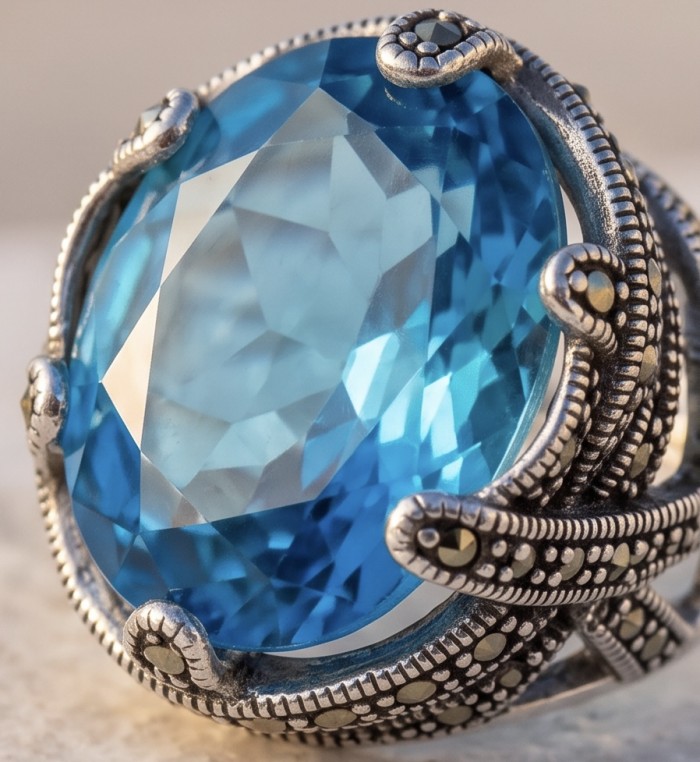 Poseidon 23.8 carat Swiss Blue Topaz .925 Sterling Silver handcrafted Large ring size 7 - Close-up of Poseidon 23.8 carat Swiss Blue Topaz in silver setting.