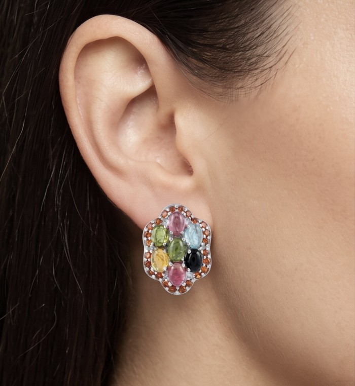 Luxurious authentic 14.2 carat Brazilian Tourmaline rhodium over .925 Sterling Silver handcrafted earrings - Earring with colorful stones worn on ear, side view.