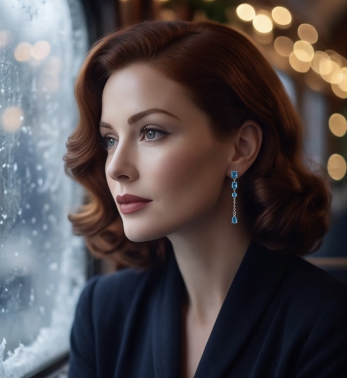 Atlantica - 5.7 carat Emerald .925 Sterling Silver dipped in Rhodium Handcrafted Statement earrings - Side view of Atlantica earrings worn, highlighting 5.7 carat emeralds.