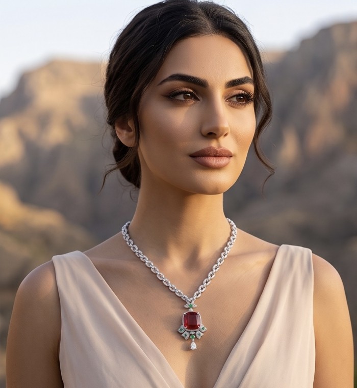 Luxurious 12.9 carat natural Mozambique Ruby rhodium over .925 Sterling Silver .925 Sterling Silver Statement Necklace - Elegant woman wearing a luxurious ruby necklace in a scenic outdoor setting.