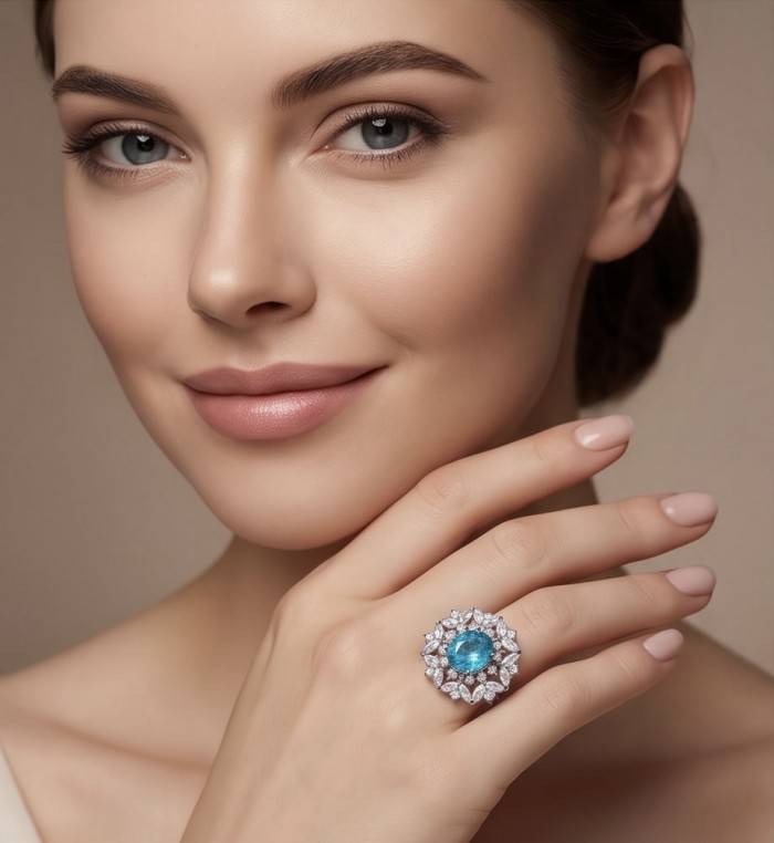 Elizabeth 8.5 carat Paraiba Tourmaline .925 Sterling Silver Handcrafted Ring size 5 - Woman wearing Elizabeth 8.5 carat Paraiba Tourmaline ring on hand