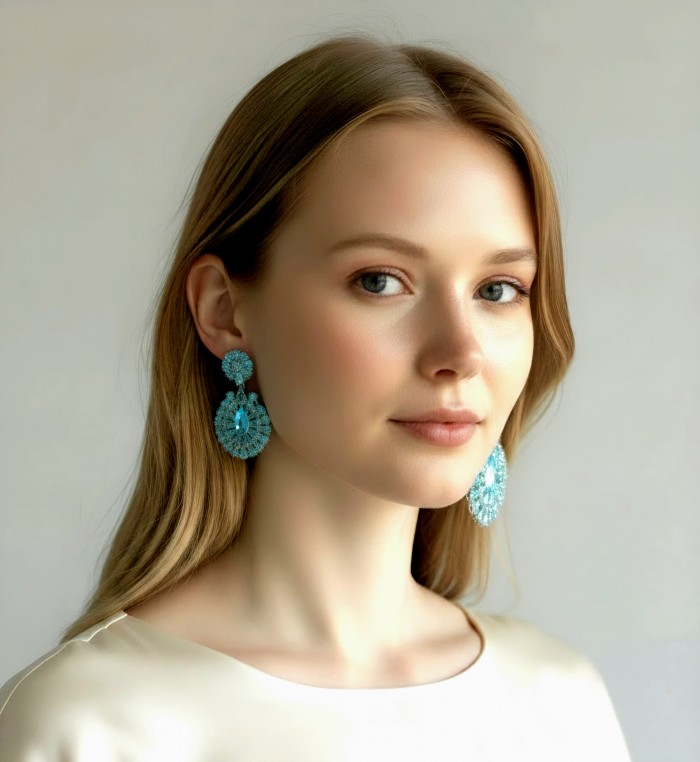Tranquillity - 27.7 carat carved Swiss Blue Topaz .925 Sterling Silver dipped in Rhodium Handcrafted Statement earrings - Woman wearing Swiss Blue Topaz earrings, side view.