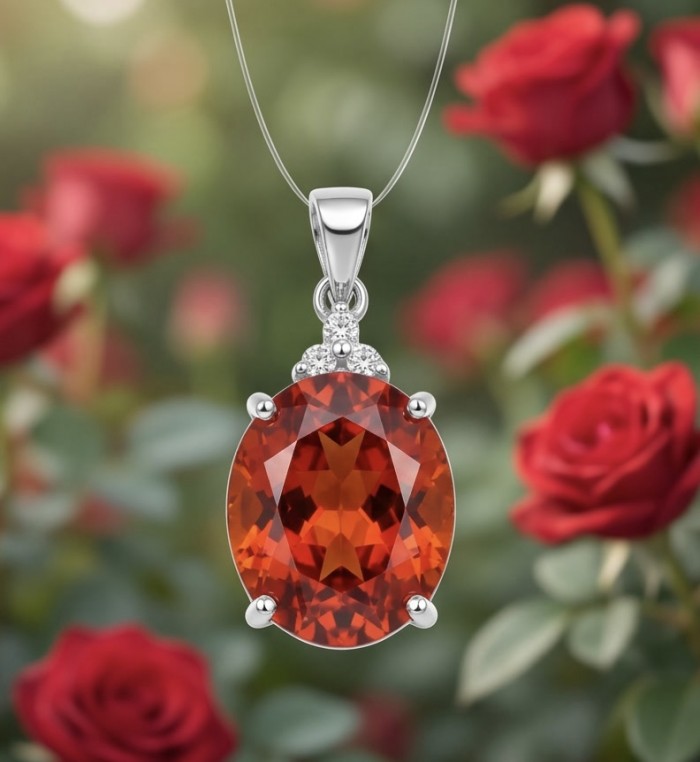 Genuine 10.8 carat Red Topaz rhodium over .925 Sterling Silver handcrafted Statement Pendant - Close-up of red topaz pendant with diamond accents and roses background