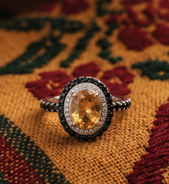 Emily 4.2 carat Brazilian Citrine Sapphire .925 Sterling Silver dipped in rhodium handcrafted ring; s. 7 1/2 - Close-up of Emily ring with Brazilian citrine and sapphire stones
