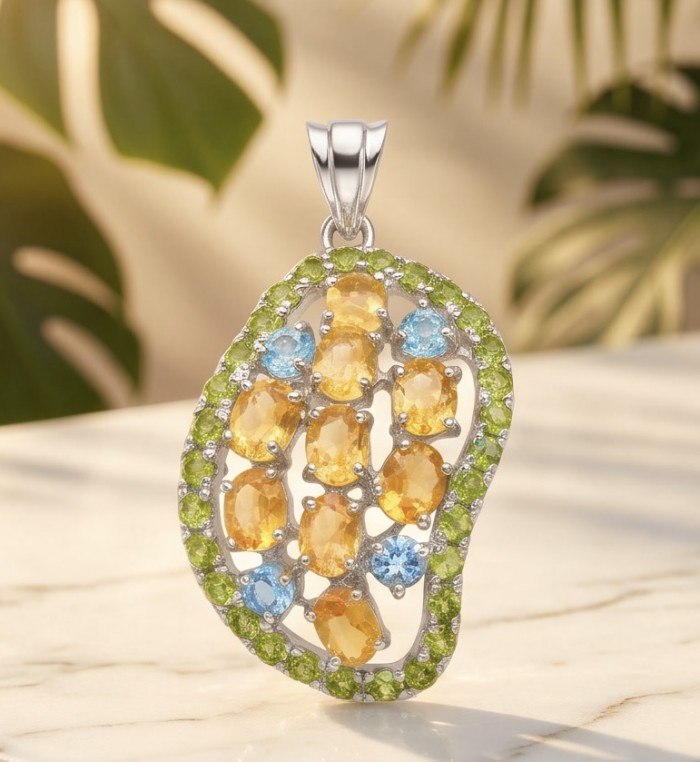 Giovanna - Authentic 12.9 carat Brazilian Citrine .925 Sterling Silver dipped in rhodium handcrafted Pendant - Pendant front view with citrine, peridot, and blue topaz stones.