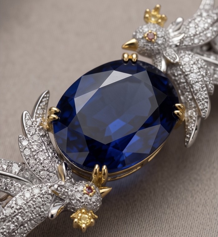 Freedom - Bird on a Rock 15.1 carat BRAZILIAN SAPPHIRE 22K Gold over .925 Sterling Silver handmade Bracelet - Close-up of sapphire with bird design in gold and diamonds.