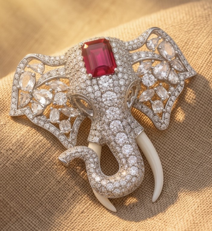 Attract YOUR Luck - ELEPHANT- 5.2 CARAT Ruby .925 Sterling Silver dipped in rhodium handcrafted Pendant Brooch - Elephant brooch with ruby, diamond detail, front view on fabric background.