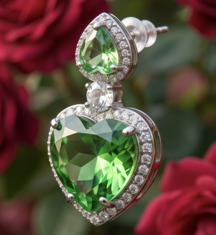 MOTHER NATURE - 18.5 carat Green Topaz .925 Sterling Silver handmade Statement earrings - Close-up of green topaz heart earrings with diamond accents.