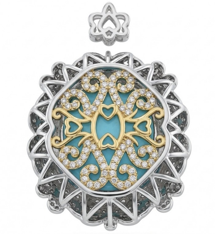 Brazilian's Briliance - emerald cut 33.7 carat Paraiba Tourmaline 2 tones .925 Sterling Silver handcrafted necklace - Ornate pendant with turquoise and gold heart design, front view.