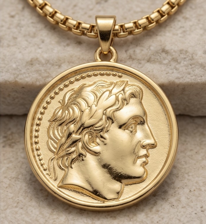 Ave Caesar - Vintage Style Coin .925 Sterling silver and plated with 14K Gold handcrafted necklace - Close-up of Ave Caesar gold coin pendant on a chain.