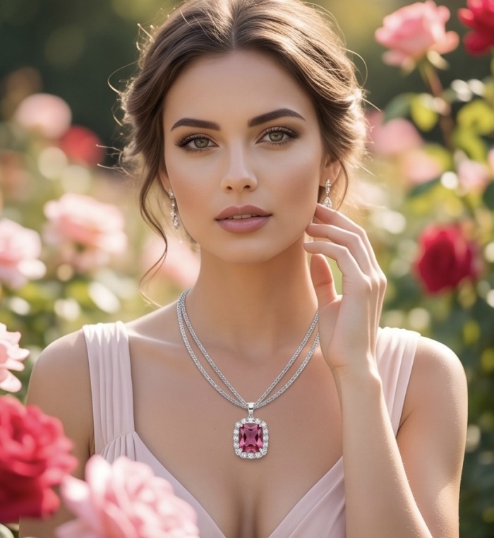Authentic 12.2 CARAT Raspberry Pink Topaz .925 Sterling Silver handmade Necklace - Model wearing Raspberry Pink Topaz necklace in a rose garden.