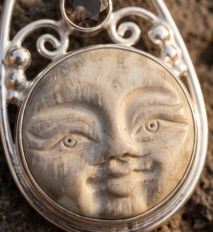 Moonface Carved Ox Bone Silver Pendant - photo 4