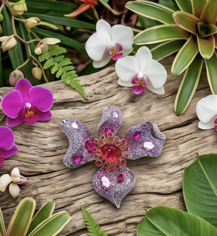 Exotic Flower - RARE FINDING - 7.7 carat Authentic Ruby 22k Gold over .925 Sterling Silver handcrafted Pendant Brooch - Exotic flower brooch with ruby stones on driftwood surrounded by orchids.