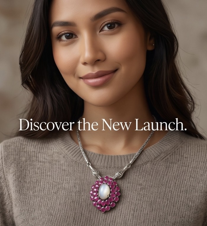Strawberry's Field - 10.2 carat Rose Quartz 14.7 Ruby rhodium over .925 Sterling Silver .925 Sterling Silver Necklace - Woman wearing Strawberry's Field Rose Quartz and Ruby necklace front view