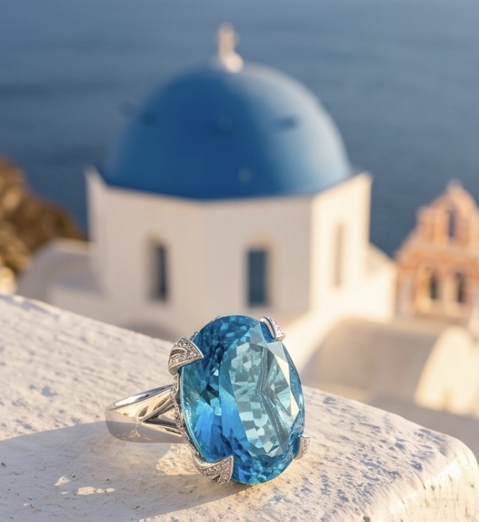 The Ocean Empress 45.8 carat Swiss Blue Topaz rhodium over .925 Sterling Silver dipped in rhodium handcrafted ring size 6 - Close-up of The Ocean Empress Swiss Blue Topaz ring in sunlit setting.