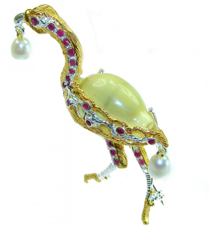 Precious Heron Natural Sea Shell 2 tones .925 Sterling Silver Brooch - Heron brooch, side view, gold and silver with pearls and red stones.
