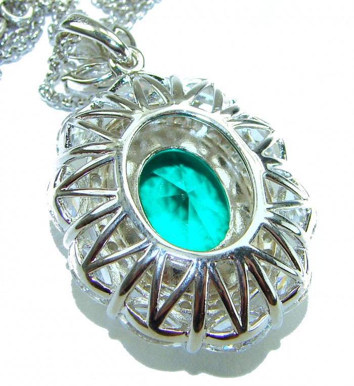 Heirloom authentic 17.9 carat Colombian Emerald .925 Sterling Silver handcrafted Statement necklace - Close-up of Colombian emerald pendant in sterling silver setting