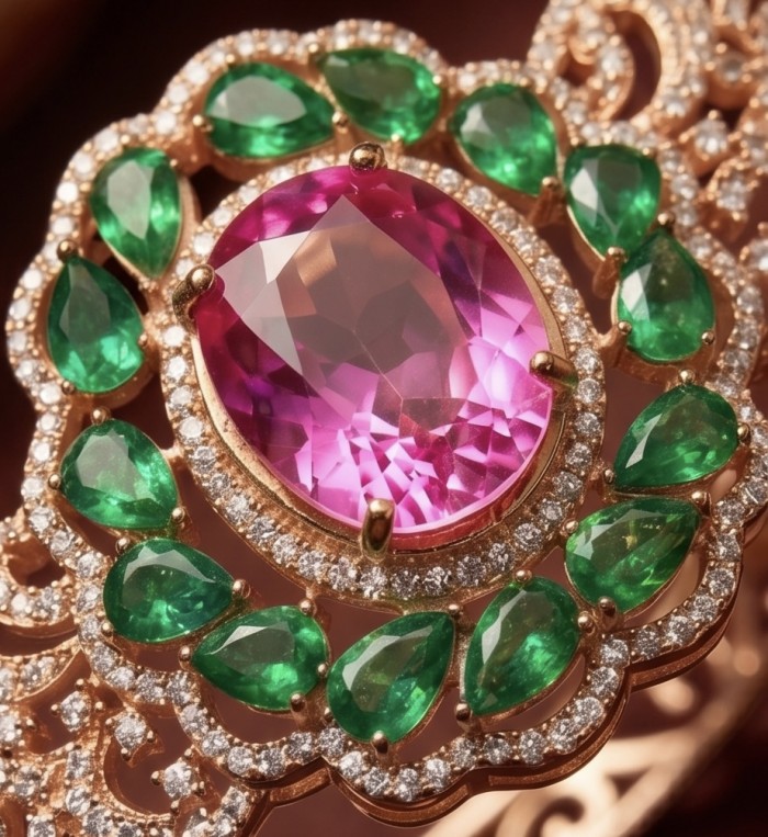 Ultimate Escape Luxurious Pink Rainbow Topaz 18K Rose Gold over .925 Sterling Silver handmade Bracelet - Stone close-up of Luxurious Pink Rainbow Topaz 18K Rose Gold jewelry.