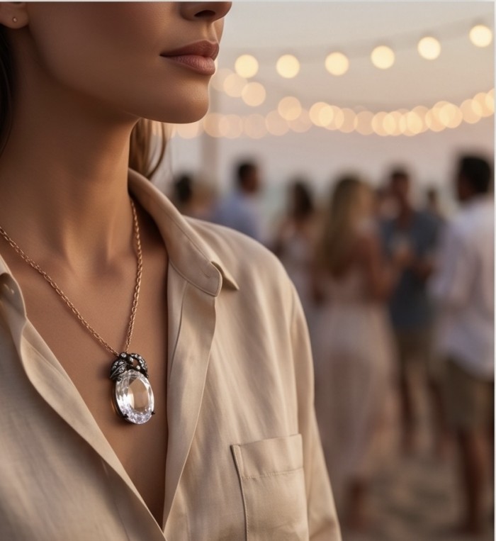 White Apple 22.2 carat White Topaz .925 Sterling Silver dipped in black Rhodium handmade Pendant - Close-up of White Apple 22.2 carat Topaz necklace worn at a sunset event.