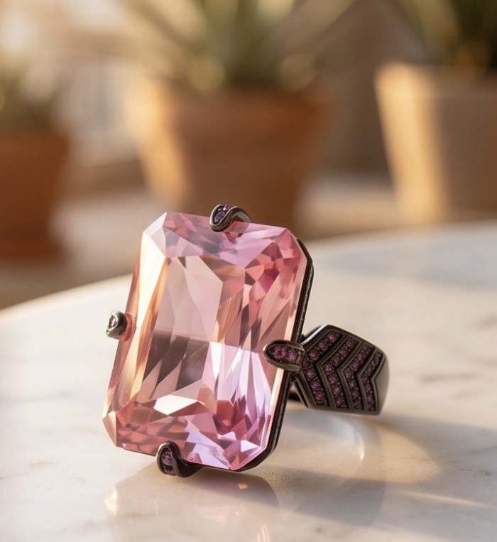 Anastasia 20.2 carat Pink Sapphire black rhodium over .925 Sterling Silver Handcrafted Statement Ring size 6 adjustable - Close-up of Anastasia 20.2 carat Pink Sapphire ring on a table.