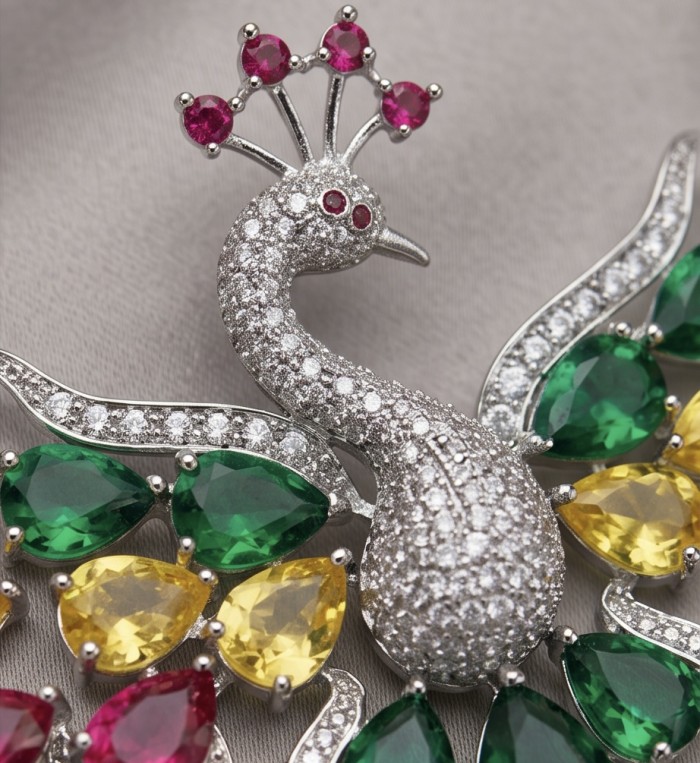 55.2 carat Graceful Swan Natural multicolot Topaz .925 Sterling Silver handcrafted Statement necklace - Close-up of the 55.2 carat Graceful Swan multicolor topaz brooch.
