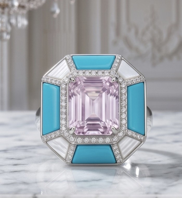 Emily - Art Deco -Precious genuine 10.2 carat Kunzite inlay Turquoise .925 Sterling Silver handcrafte Cocktail Ring s. 6 1/4 - Close-up of Art Deco ring with 10.2 carat Kunzite and turquoise inlay.