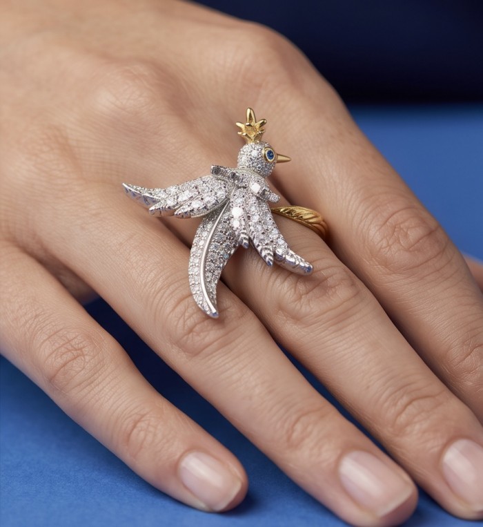 Precious Bird 0.2 carat Ruby Eyes .925 Sterling Silver dipped in real 18K Gold Gold handmade Ring size 8 - Worn on hand: Precious Bird ring, sterling silver with ruby eyes.