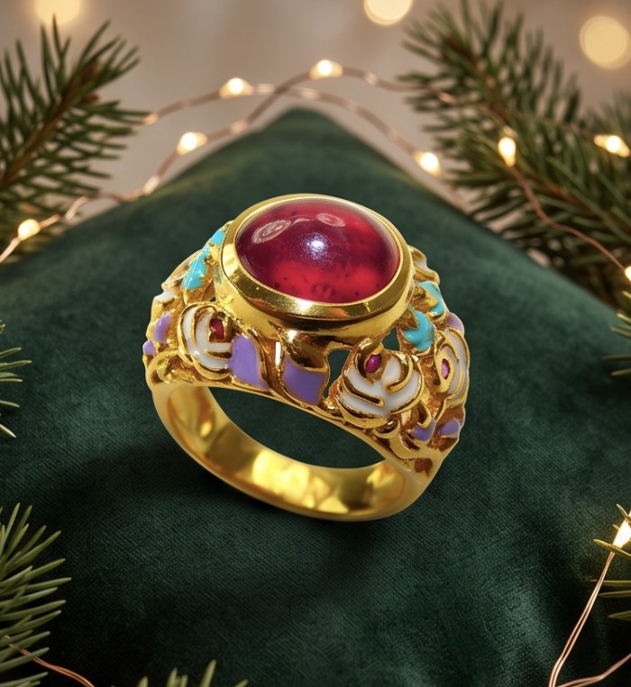 Giovanna 5.6 carat Kashmir Ruby .925 Sterling Silver dipped in 22K Gold handmade Statement Ring size 7 - Gold ring with red stone and enamel detail on green fabric background.