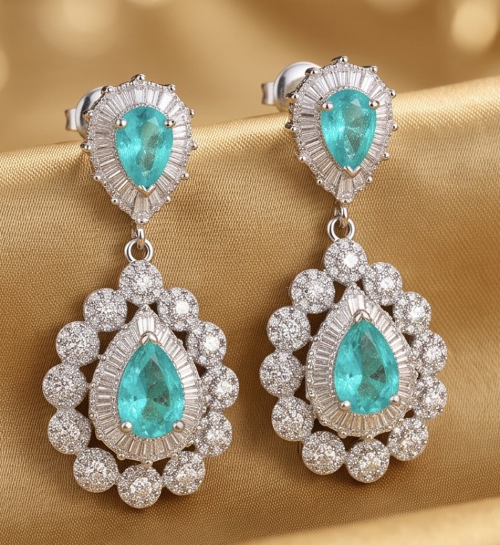 Estelle - Authentic 4.5 carat COLOMBIAN EMERALD .925 Sterling Silver handcrafted Statement earrings - Front view of Estelle earrings with emerald and diamond accents.