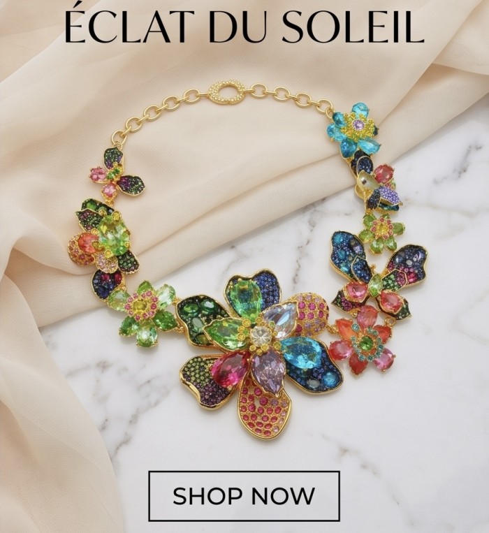 Blooming Garden 145.2 carat Natural multicolot Topaz 14k Gold over .925 Sterling Silver handcrafted Statement necklace - Colorful floral necklace on marble, top view, 14k gold and topaz stones.