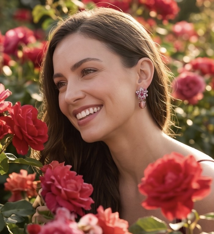 Isabella - Beauty of Nature - natural 27.5 carat yellow Sapphire Ruby Rhodium over .925 Sterling Silver handmade Statement earrings - Woman wearing Isabella earrings in a rose garden, close-up.